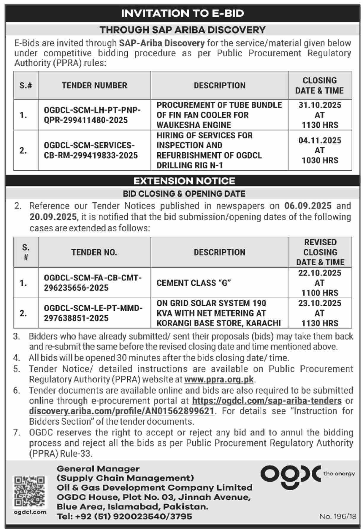 Oil & Gas Development Company Limited Islamabad Tender Notice